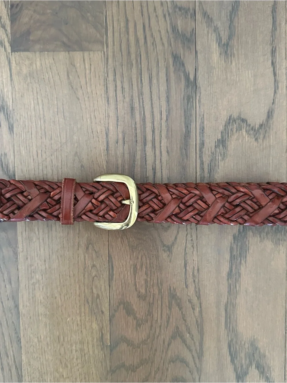Vintage Talbots Braided Leather Belt Solid Brass Square Buckle Warm Brown Large